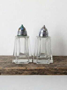 Vintage Clear Glass Art Deco Salt & Pepper Shakers Silverplate Tops Retro Pair
